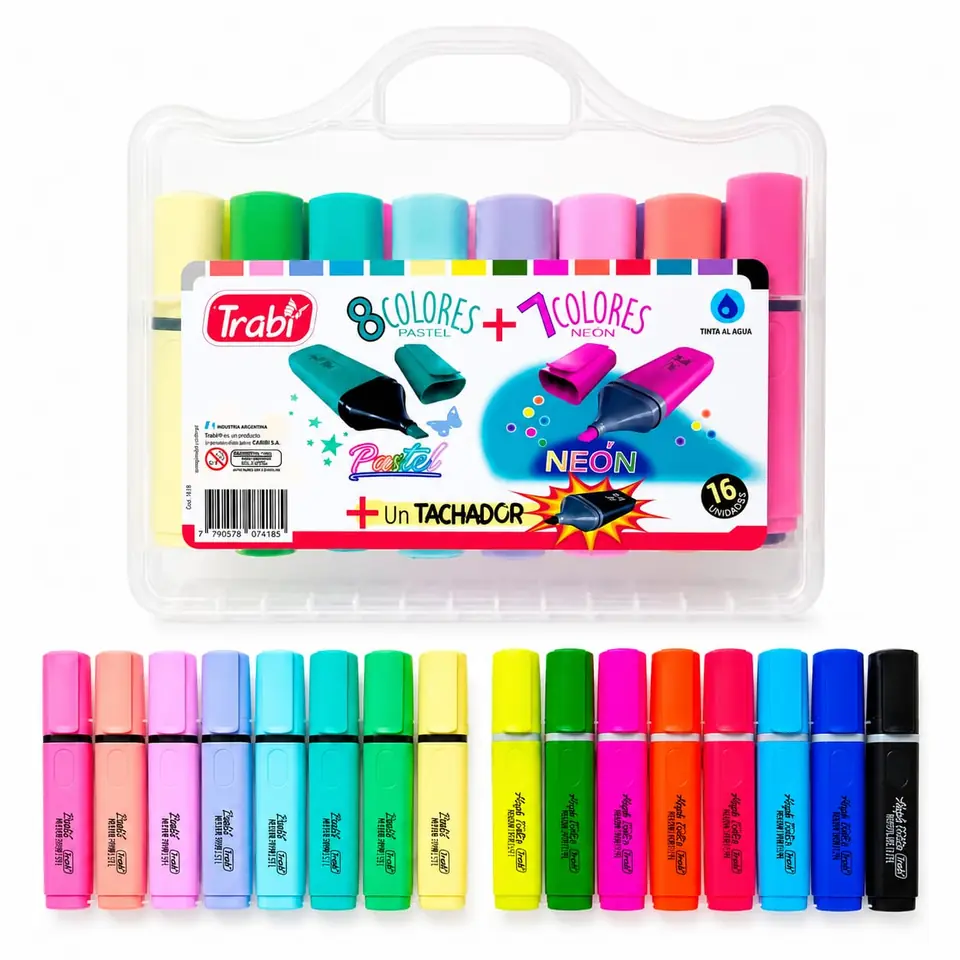 RESX16- Resaltador High Texter Trabi Valija surtida x16 ( 8 Pastel + 7 Fluo + 1 Tachador)