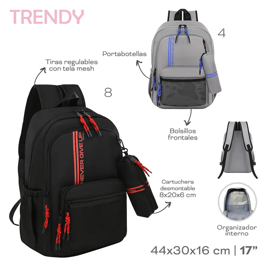 18584 - Mochila C/Cartu Trendy   Info: 17p Bols fronts, lat, org int, tir c mesh, cartuchera desmnt  Composición: Nylon  Alto: 44cm  Ancho: 30cm  Profundidad: 16cm +INFO+FOTOS