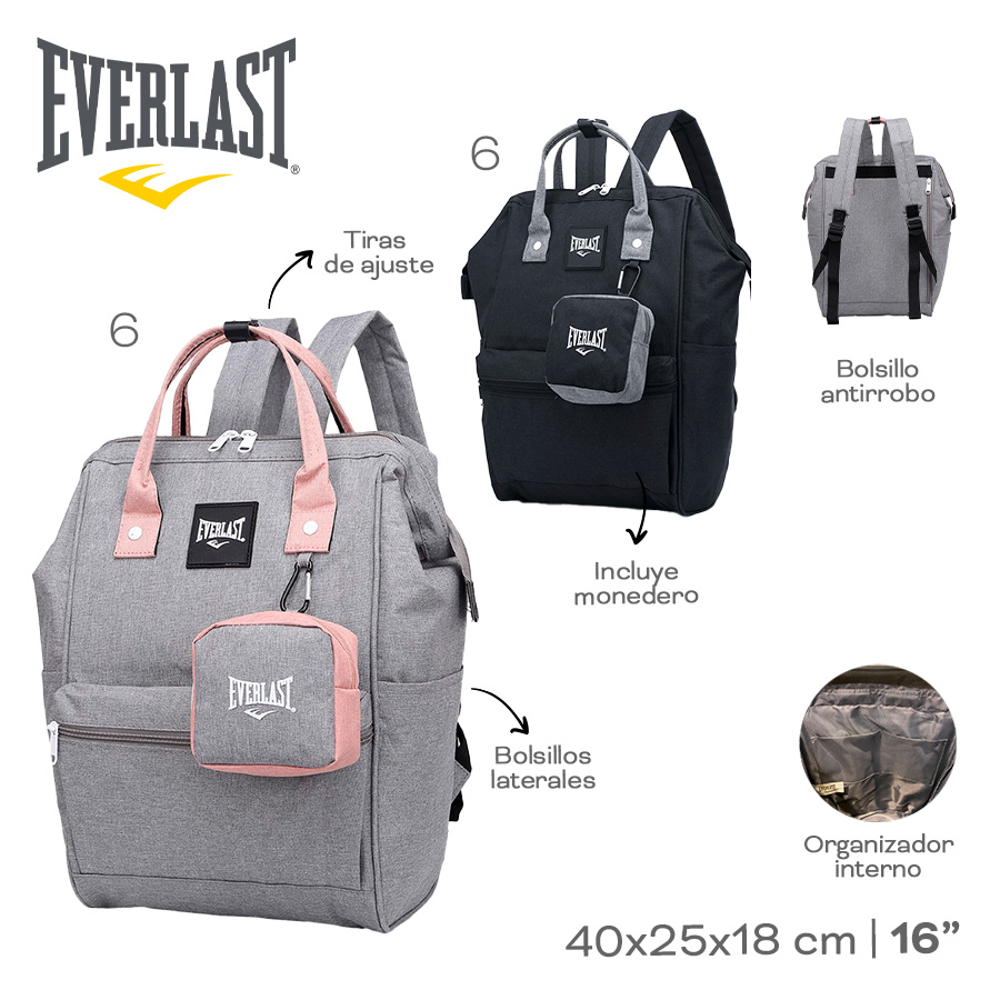 22332- Mochila boca de pez Everlast T2	40cmx27cmx15cm	Cordura	Comp. y bol. Interno., tiras ajustables, bol. laterales, bol. post., incluye pouch 11x11x5,5 +info+fotos