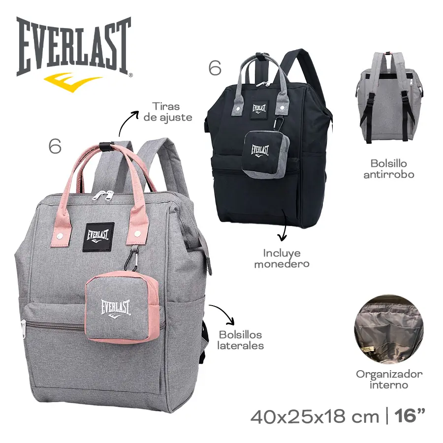 22332- Mochila boca de pez Everlast T2	40cmx27cmx15cm	Cordura	Comp. y bol. Interno., tiras ajustables, bol. laterales, bol. post., incluye pouch 11x11x5,5 +info+fotos
