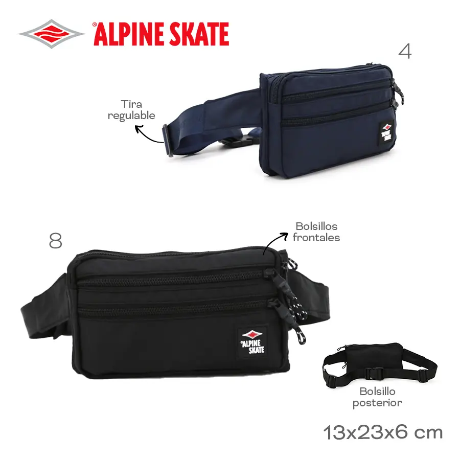 15676-	Riñonera Alpine Skate T2	23cm	13cm	6cm	Nylon	Tira regulable, bolsillos frontales y posterior  marroquineria +info+fotos