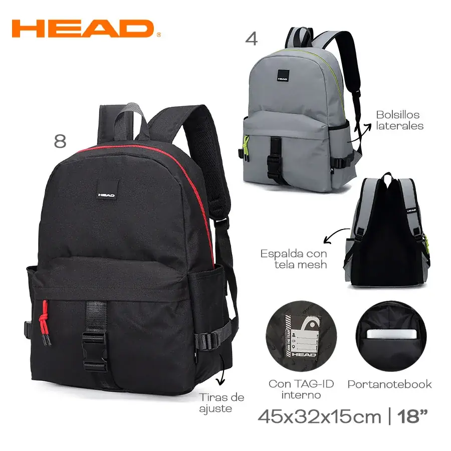 21901 – Mochila Head  Info: Portanotebook, bolsillos laterales, espalda con tela mesh, tiras de ajuste, TAG-ID interno Composición: cordura Alto: 45 cm Ancho: 32 cm Profundidad: 15 cm marroquineria