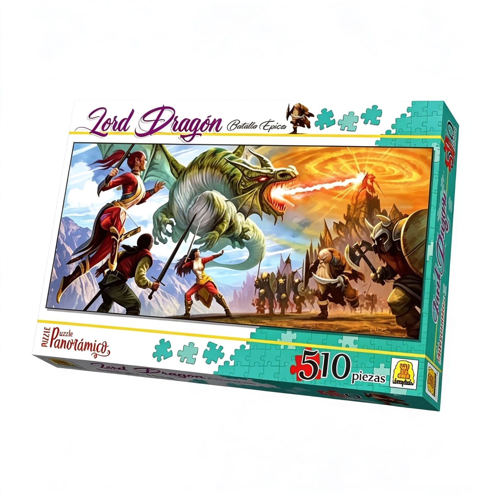 IM274- Lord Dragon. Contiene 1 puzzle de 510 piezas Medidas del puzzle 30.5 x 69.5 cm Medidas de la caja 34.5 x 22.4 x 4.4 cm Puzzle de ilustración realista de diseño panorámico. IMPLAS PUZZLE CAJAX8.
