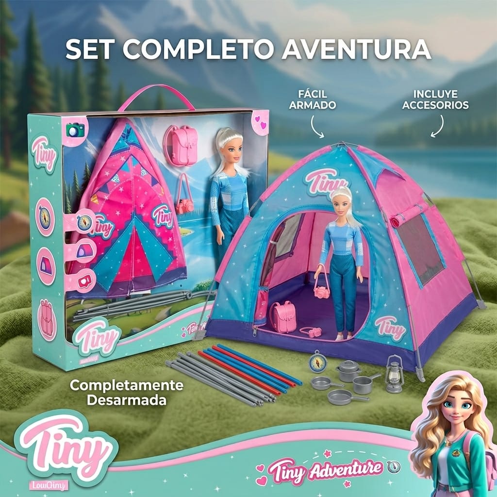 *55864- MUÑECA TINY CAMPING CARPA C/INSTRUCCIONES PARA EL ARMADO + ACCESORIOS 34X5X32.5 +INFO+FOTOS