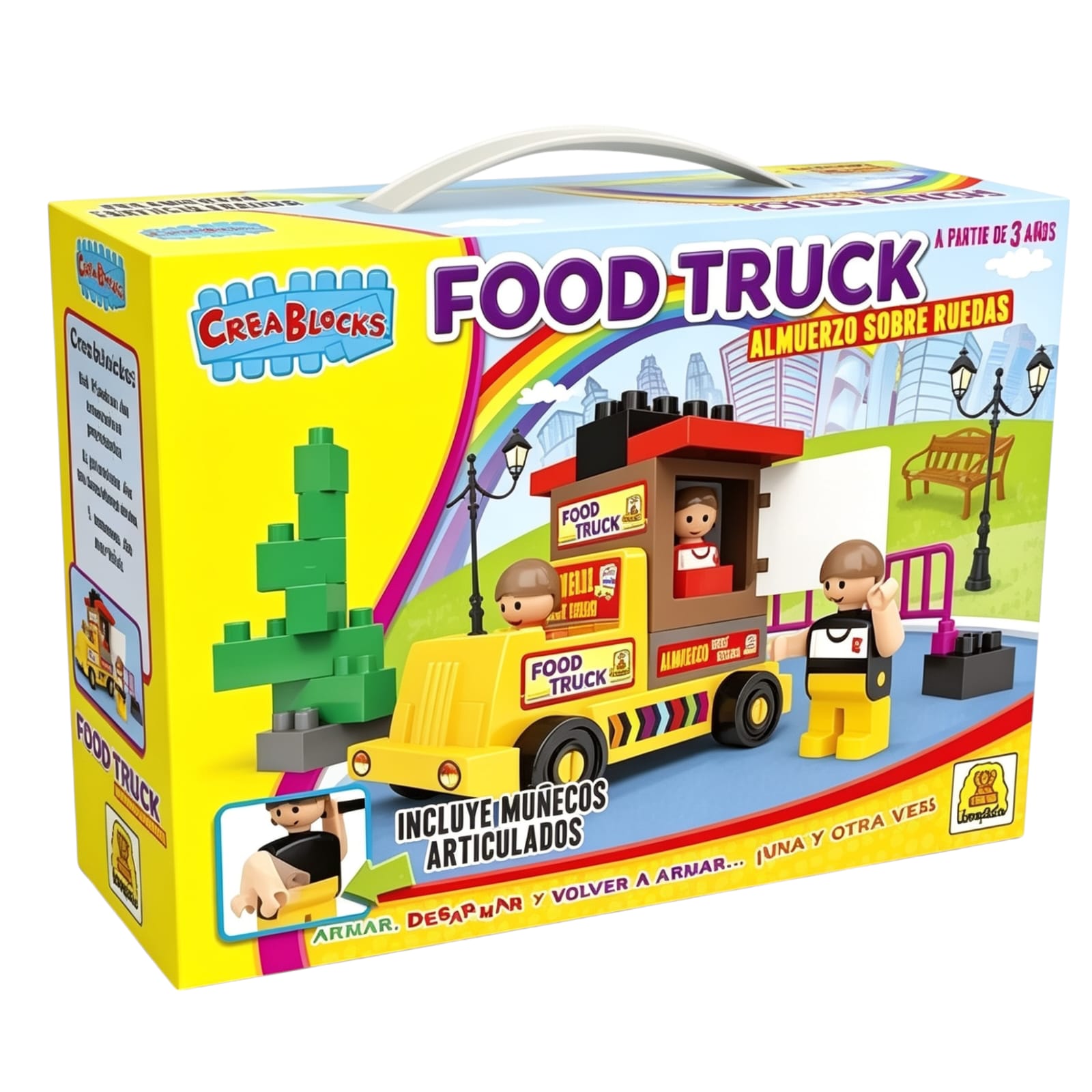 IM159- Food Truck, BLOQUES/CONSTRUCCION, Cantidad de piezas: 26 Contiene una escena para ambientar tu juego. Edad: A partir de 3 años. Medidas de la caja: 18.5 x 25.8 x 7.5 cm Juego de bloques de encastre perfecto.IMPLAS.