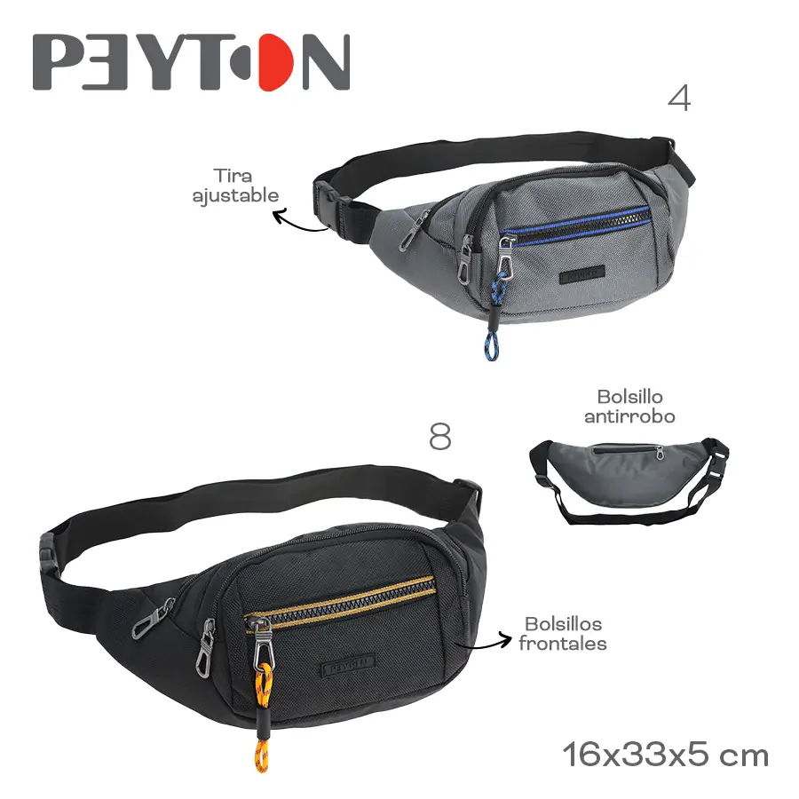 53534- Riñonera Peyton	16cm	33cm	5cm	Nylon	Tira ajustable, bolsillos frontales y antirrobo +info+fotos