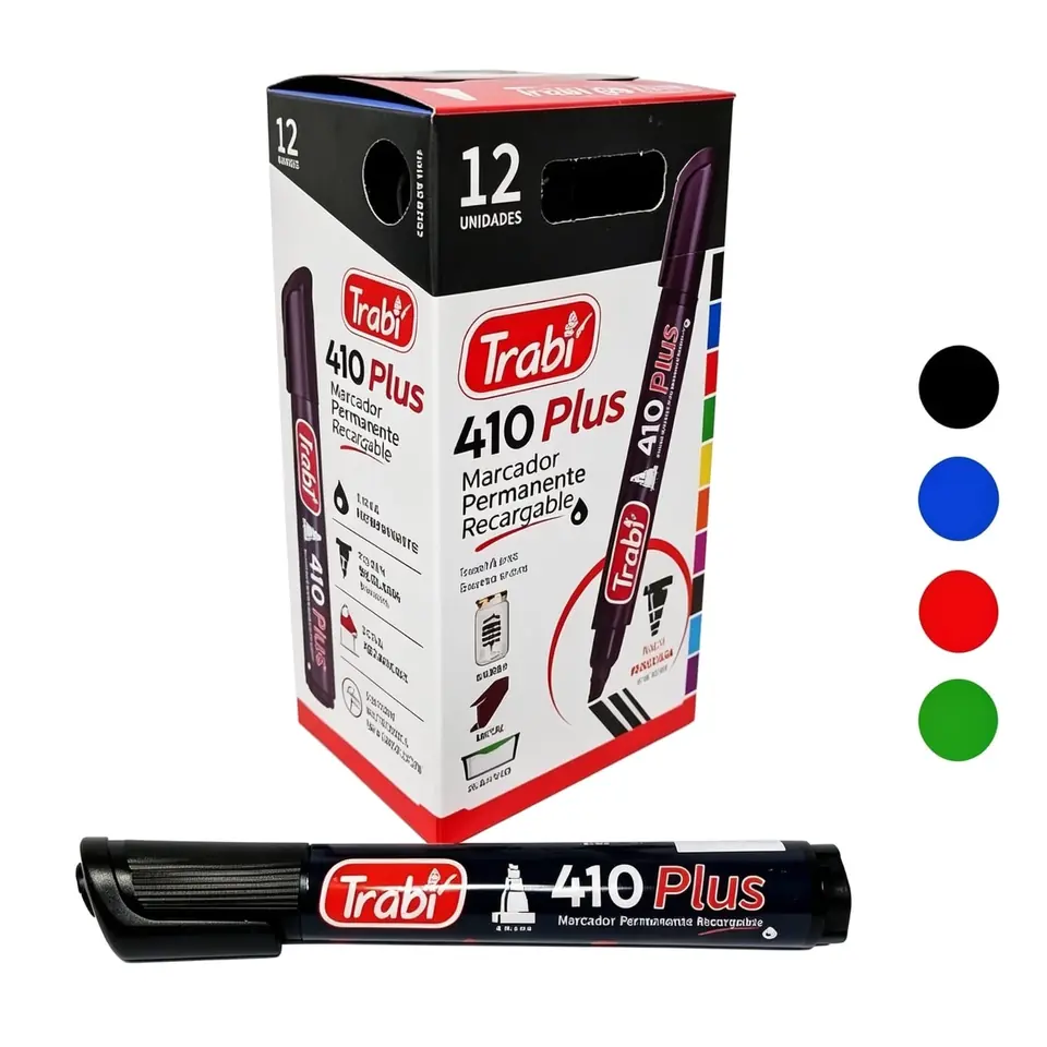 -410- MARCADOR TRABI PLUS PERMANENTE RECARGABLE PUNTA BISELADA CAJA X12 PRECIO X UNIDAD $675, 4 COLORES