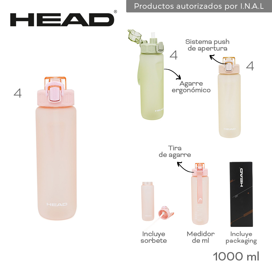 31374 - Botella Head Info: Agarre erg, asa de agarre, incluye sorbete y packaging, medidor de ml, sist push de apertura  Composición: PC  Alto: 1000ml BAZAR +INFO+FOTOS