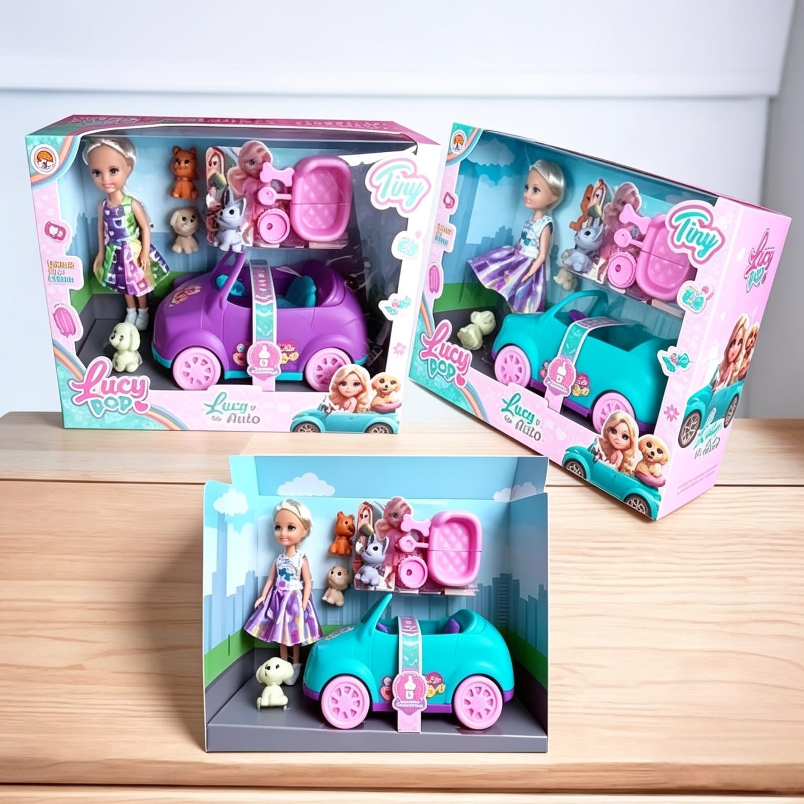 *55657- MUÑECATINY LUCY POP Y SU AUTO CON MASCOTAS Y ACCESORIOS 20X9X18 +INFO+FOTOS