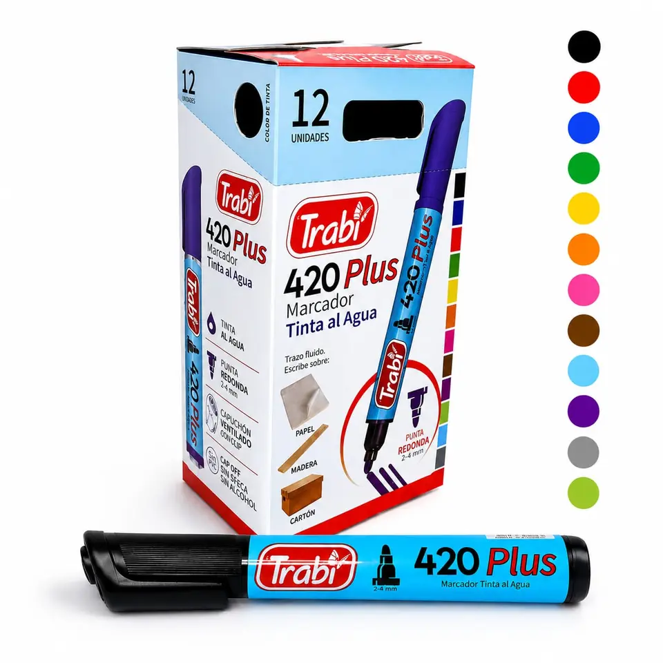 -420- MARCADOR TRABI PLUS AL AGUA PUNTA REDONDA CAJA X12 PRECIO X UNIDAD $544, 12 COLORES