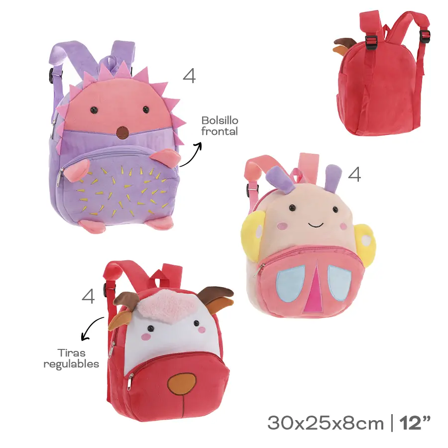 53712 - Mochila Peluche  Info: 12p, bolsillo frontal, tiras regulables  Composición: peluche  Alto: 30cm  Ancho: 25cm  Profundidad: 8cm +info+fotos