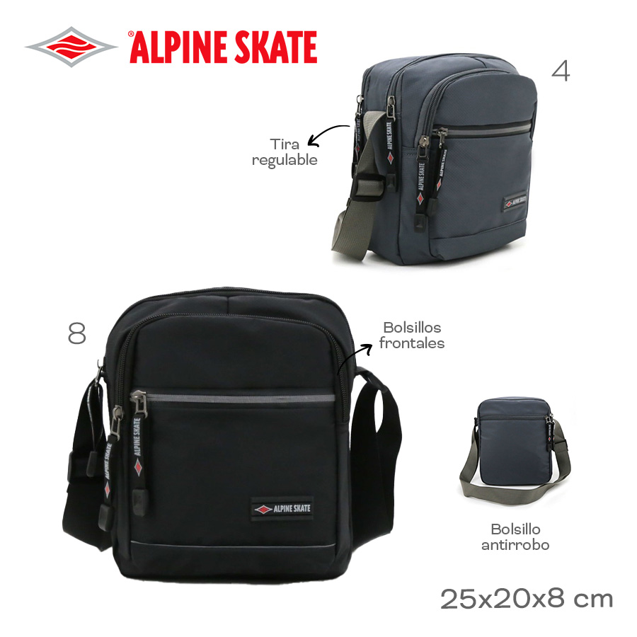 15681-	Morral Alpine Skate T2	25cm	20cm	8cm	Nylon	Tira regulable, bolsillos frontales y antirrobo marroquineria +info+fotos