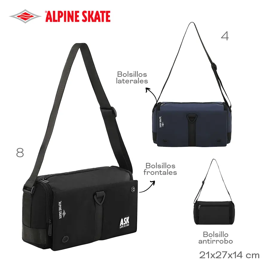 18851-	Morral Alpine Skate	21cm	27cm	12cm	nylon	Bolsillos frontales, bolsillo antirrobo, bolsillos laterales MARROQUINERIA +INFO+FOTOS