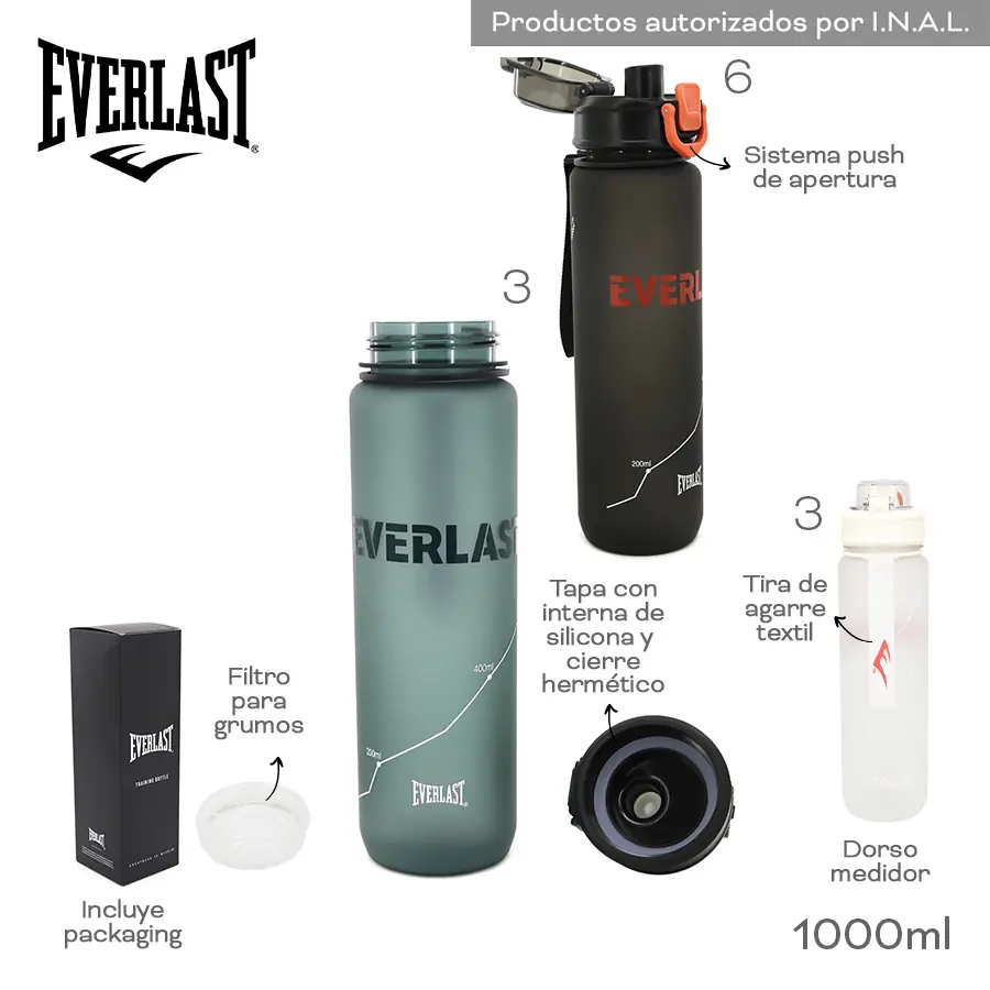 30418 - Botella Everlast 1000ml,  Info: Sist push apertura, filtro, dorso medidor, tira de agarre, incl packaging  Composición: PC  Alto: 1000ml +info+fotos