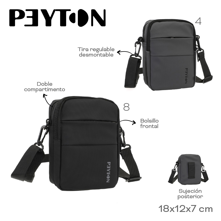 54524-	Morral Peyton	18cm	12cm	7cm	Nylon	Bolsillo frontal, tira regulable desmontable, doble compartimento, sujeción posterior MARROQUINERIA +INFO+FOTOS