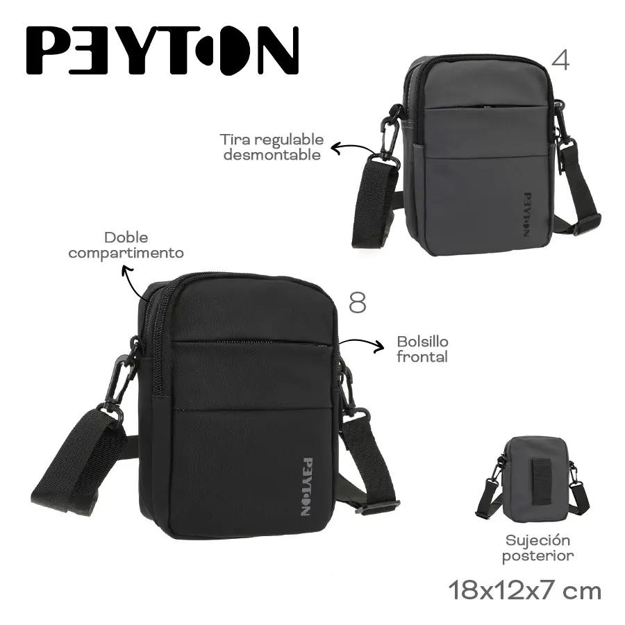 54524-	Morral Peyton	18cm	12cm	7cm	Nylon	Bolsillo frontal, tira regulable desmontable, doble compartimento, sujeción posterior MARROQUINERIA +INFO+FOTOS