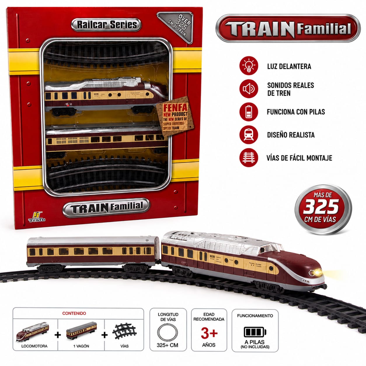 40014 TREN A PILA BORDO luz sonidos 38X32X6 (LOCOMOTORA +1 VAGON 52CM- + de 325cm de vias) coleccion escala 1:87 +info+fotos