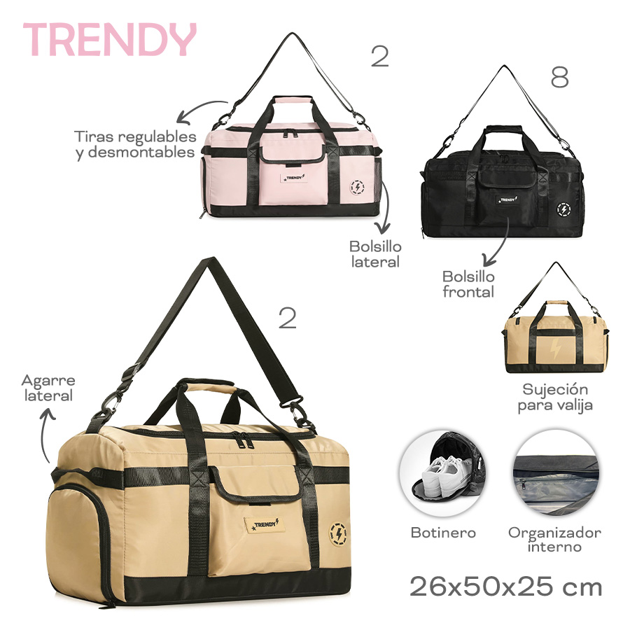 18577 - Bolso Trendy +INFO+FOTOS  Info: Bol frontal, lat, botinero, org int, suj p valij, tir desmnt, manij lat  Composición: Nylon  Alto: 26cm  Ancho: 50cm  Profundidad: 25cm