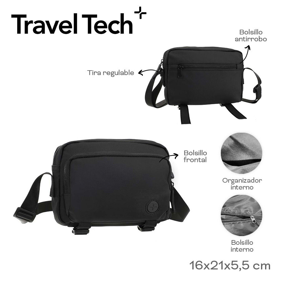53678-	Morral Travel Tech	16cm	21cm	5,5cm	PU	Tira reg, bol antirrobo y frontal, org y bol interno MARROQUINERIA +INFO+FOTOS