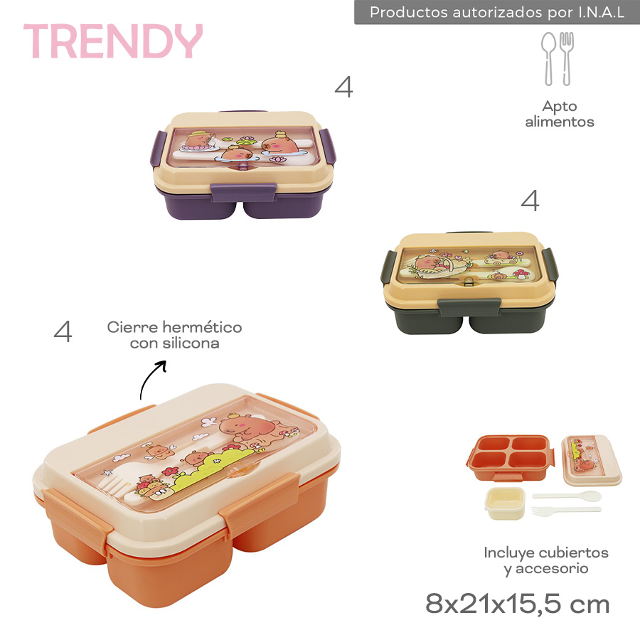 30427- Lunchera Trendy	8cmx21cmx15,5cm	Plastico	Cierre hermético c silicona, incluye cubiertos y accesorios +info+fotos