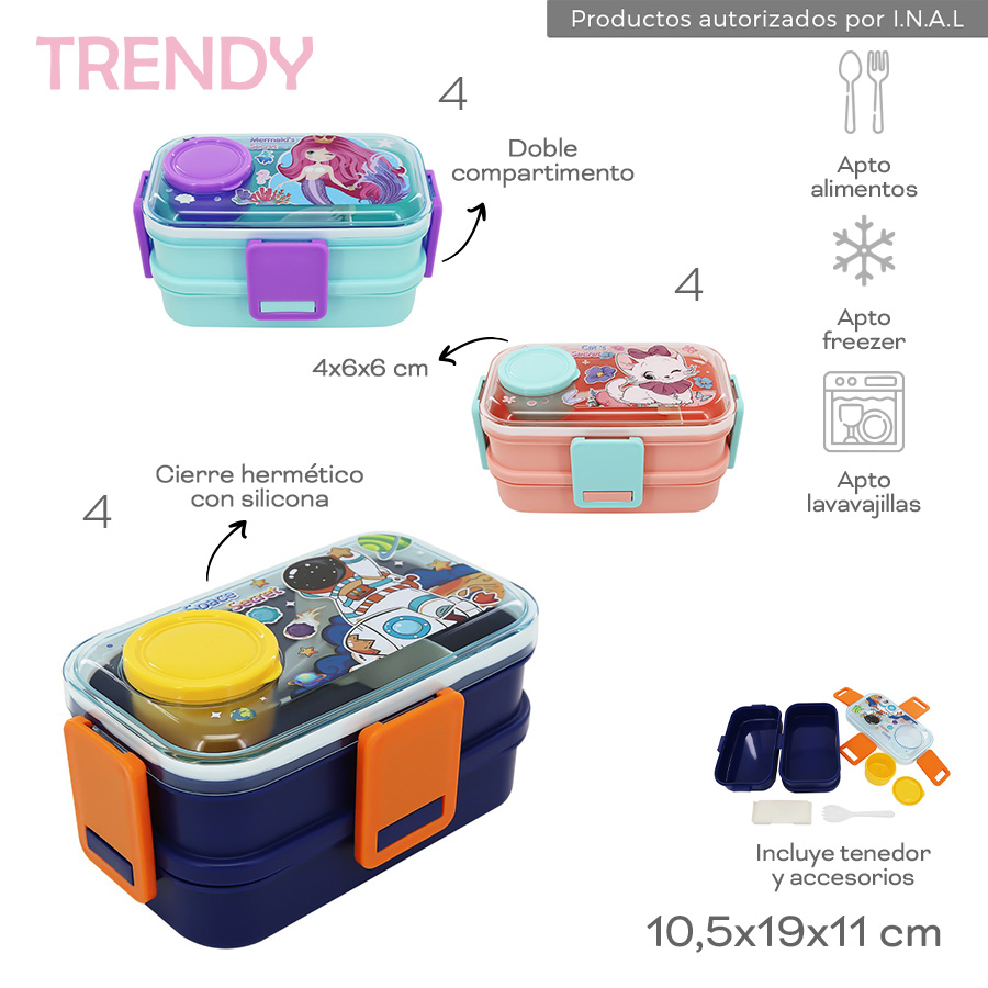 30430- Lunchera Trendy	10,5cmX19cmX11cm	Plastico	CierrE hermético c silicona, dob comp, incluye tenedor y accesorios - 4x6x6 cm +INFO+FOTOS