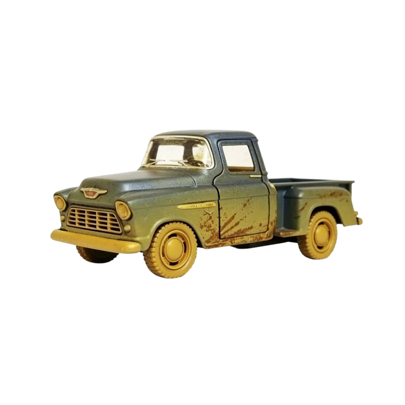 42590-COLECCION KINSMART CHEVY 1955 PICK UP MUDDY 1:32 LICENCIA  AUTOMOTRIZ PACKAGING  VISOR +INFO+FOTOS