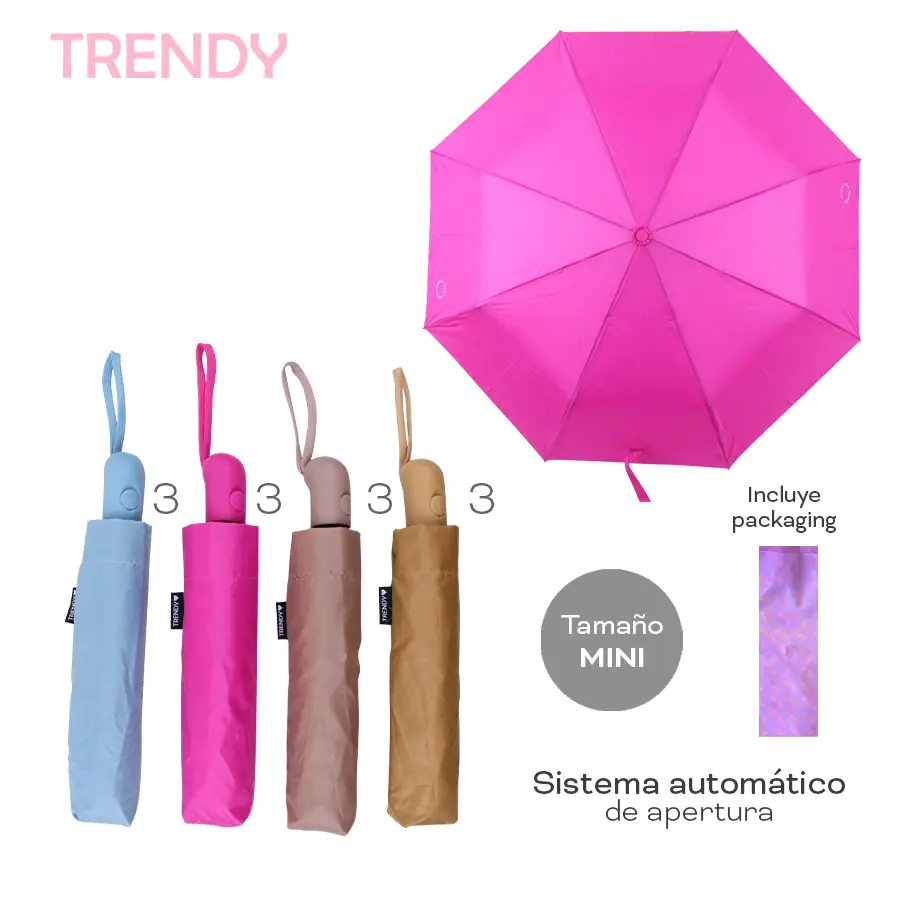 28448 - Paraguas Trendy T2, +INFO+FOTOS Info: Tamaño mini, sistema automático de apertura, incluye packaging Composición: Nylon Alto: 97 cm