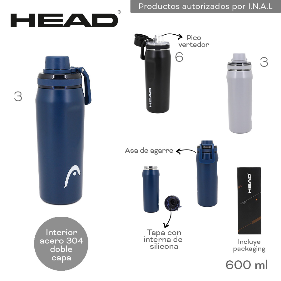 31392 - Botella Termica Head Info: Asa de agarre, pico vertedor, tapa con interna de silicona, incluye packaging  Composición: Acero 304 DOBLE CAPA  Alto: 600ml BAZAR +INFO+FOTOS