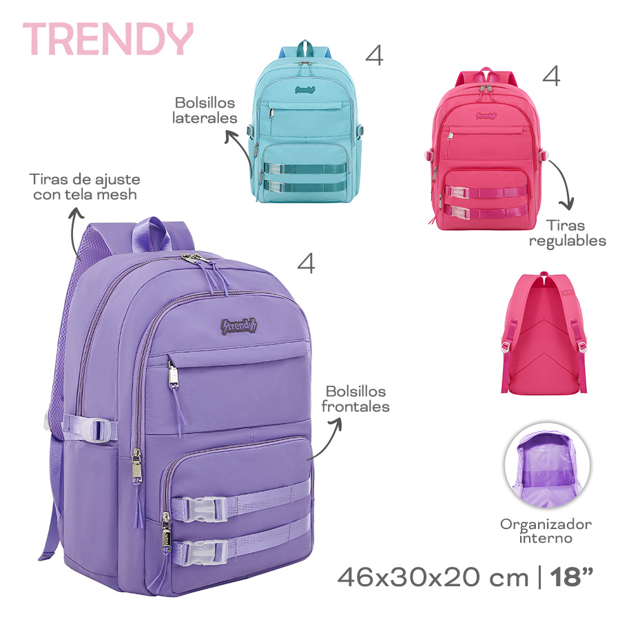 18529 - Mochila Trendy   Info: 18p Bolsillos front, lat, tir reg, tir de ajus c mesh, org int  Composición: Nylon  Alto: 46cm  Ancho: 30cm  Profundidad: 20cm +INFO+FOTOS