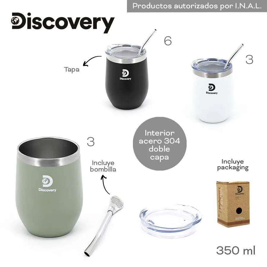 18497 - Mate C/Bombilla Discovery 350ml,  Info: Tapa antiderrame, bombilla. Incluye packaging  Composición: Acero  Alto: 350ml +info+fotos
