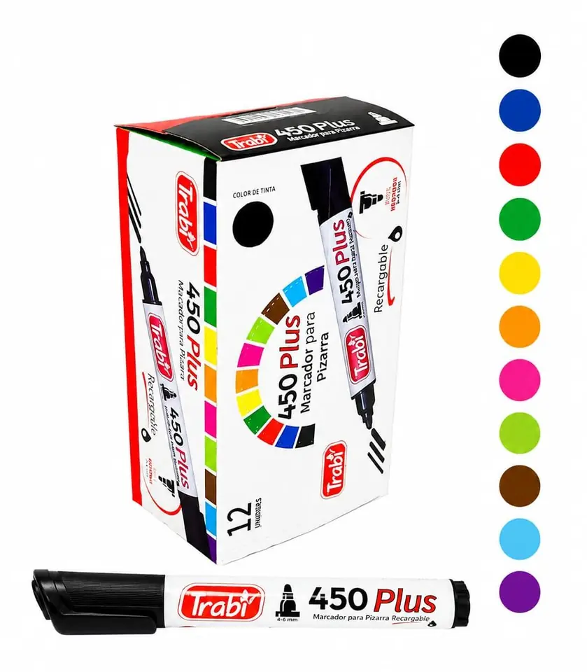 -450- MARCADOR TRABI PLUS PIZARRA RECARGABLE PUNTA REDONDA CAJA X12 PRECIO X UNIDAD $896, 11 COLORES