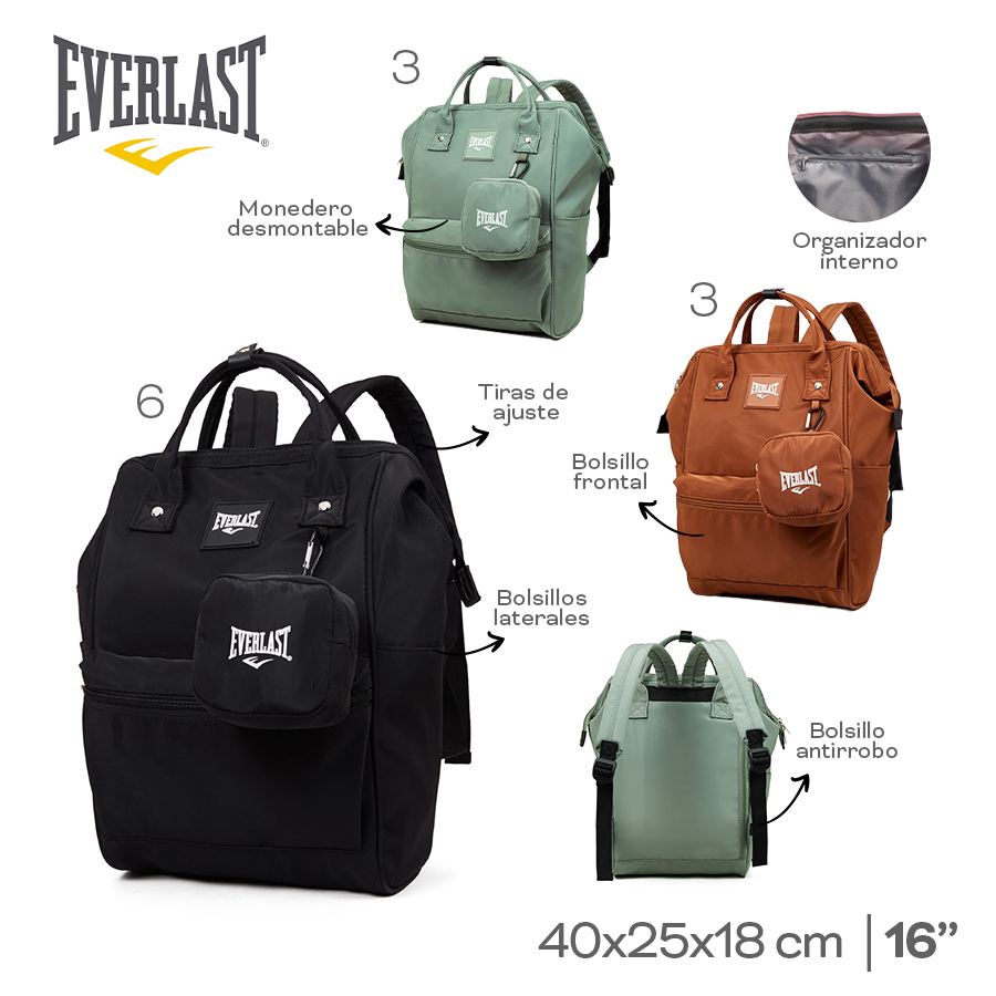 22577 – Mochila BOCA DE PEZ Everlast ,+INFO+FOTOS Info: 16p Bol front, lat, antirrobo, org interno, tir ajust, monedero desmontable Composición: nylon Alto: 40cm Ancho: 25cm Profundidad: 18cm