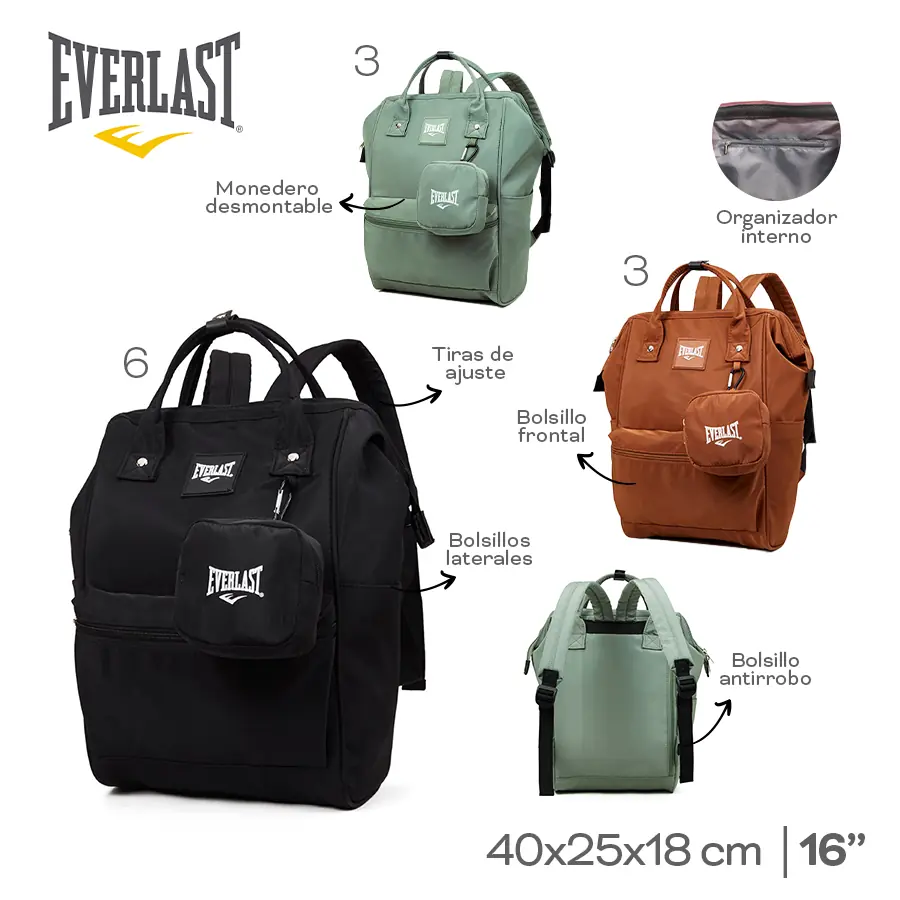 22577 – Mochila BOCA DE PEZ Everlast ,+INFO+FOTOS Info: 16p Bol front, lat, antirrobo, org interno, tir ajust, monedero desmontable Composición: nylon Alto: 40cm Ancho: 25cm Profundidad: 18cm