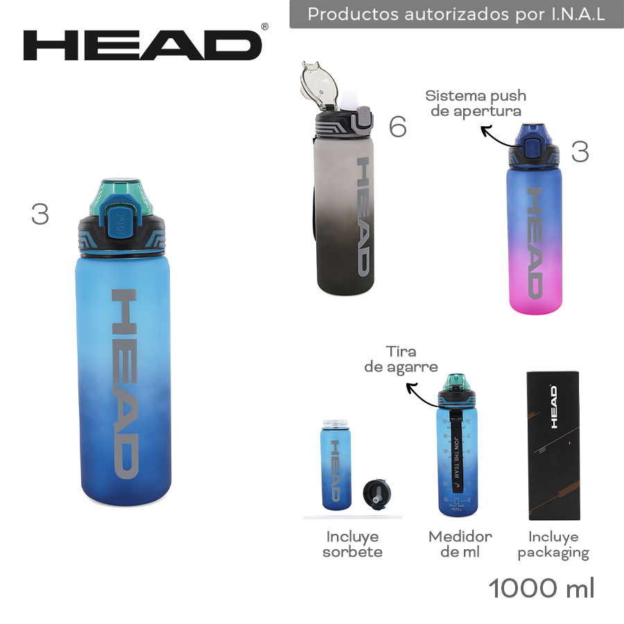 31371 - Botella Head  Info: Tira de agarre, incluye sorbete y packaging, medidor de ml, sist push de apertura  Composición: PC  Alto: 1000ml BAZAR +INFO+FOTOS