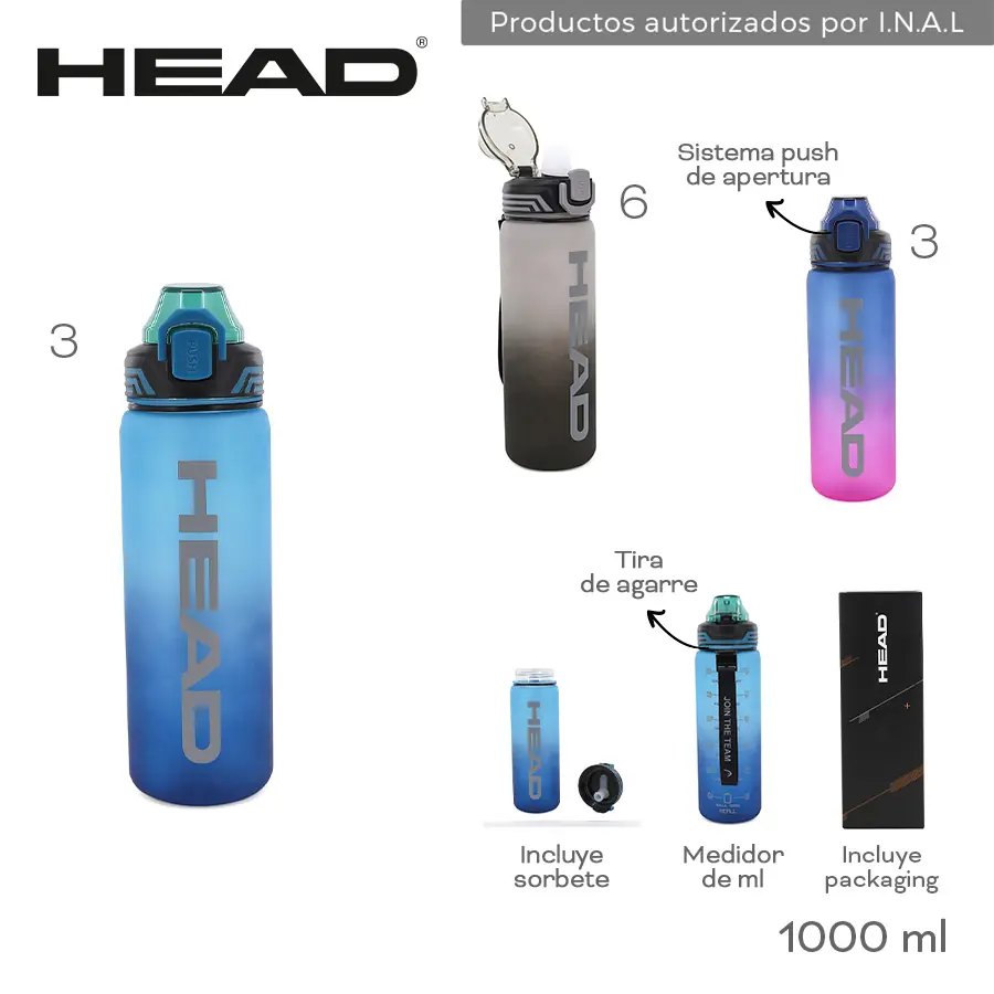 31371 - Botella Head  Info: Tira de agarre, incluye sorbete y packaging, medidor de ml, sist push de apertura  Composición: PC  Alto: 1000ml BAZAR +INFO+FOTOS