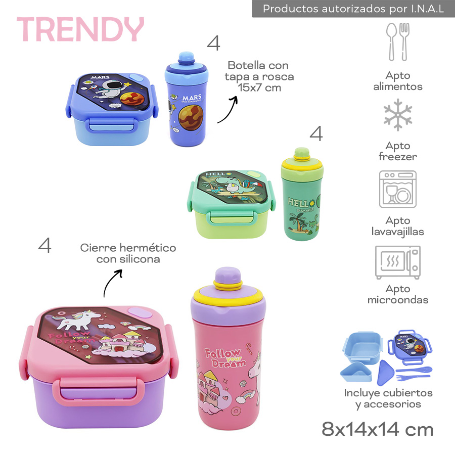 30431-Lunchera Trendy	8cm	x14cmx14cm	Plastico	Cierre hermetico c silicona, incluye cubiertos y accesorios, botella a rosca 15x7 cm +info+fotos