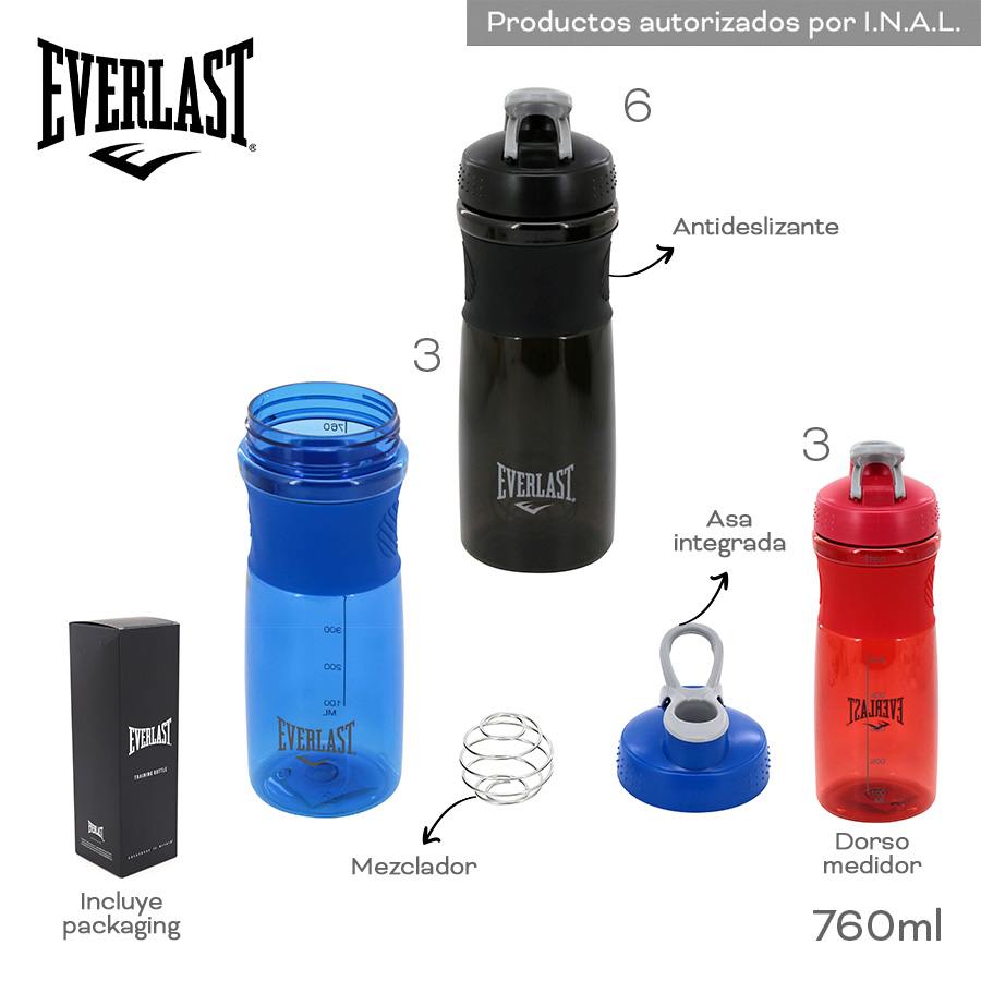 11431 - Botella Shaker Everlast 760ml T8,   Info: Botella con tapa, mezclador, faja de goma anatómica y packaging  Composición: PC  Alto: 760ml +info+fotos