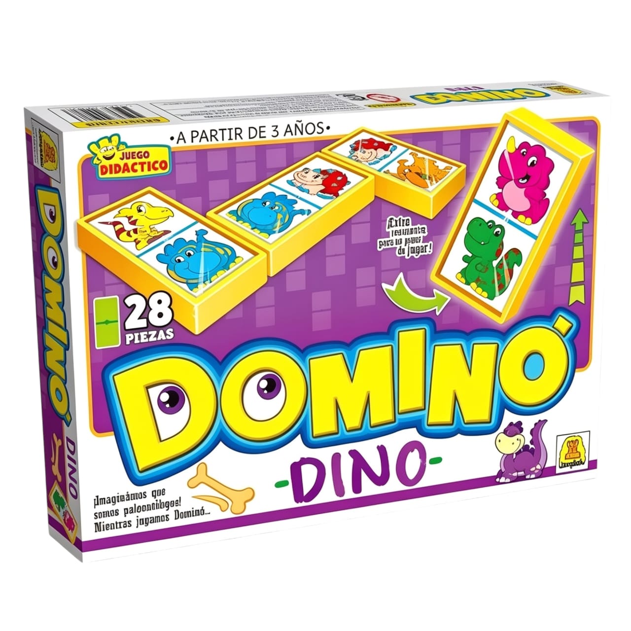 IM78- Dominó Dino Contiene 28 piezas Participantes: 2 a 4 jugadores Edad: a partir de 3 años Medidas de la caja 27 x 19.5 x 3.5 cm Juego de dominó infantil.IMPLAS CAJA X 12. (+INFO PDF)