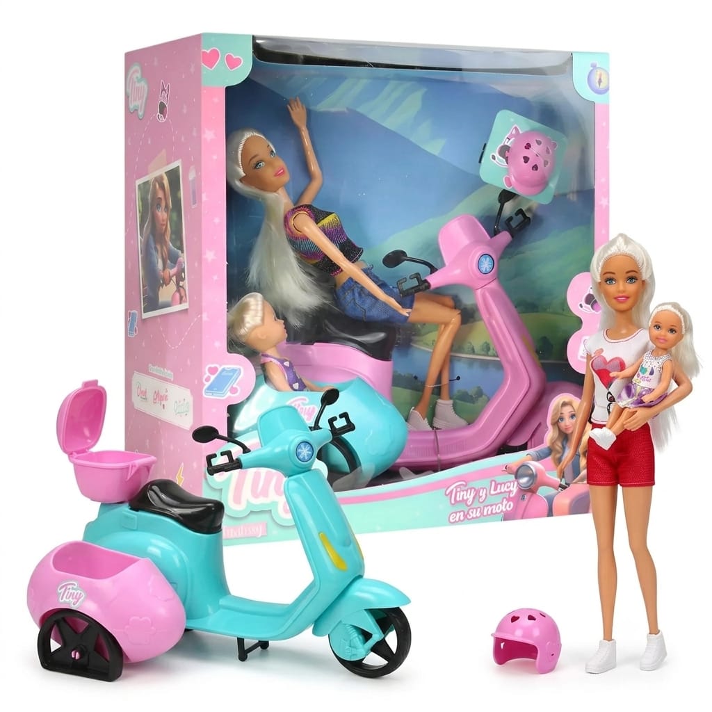 *55867- muñeca tiny y lucy en su moto gde C/sidecar y acces 2 mod  28x15.5x30 +info+fotos