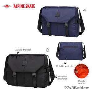 22107 – Morral CARPETERO Alpine Skate  Info: Bolsillo interno, bolisllos laterales y frontal, bolsillo interno y antirobo Composición: Nylon Alto: 27 cm Ancho: 35 cm Profundidad: 14 cm