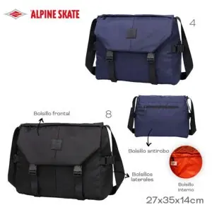 22107 – Morral CARPETERO Alpine Skate  Info: Bolsillo interno, bolisllos laterales y frontal, bolsillo interno y antirobo Composición: Nylon Alto: 27 cm Ancho: 35 cm Profundidad: 14 cm