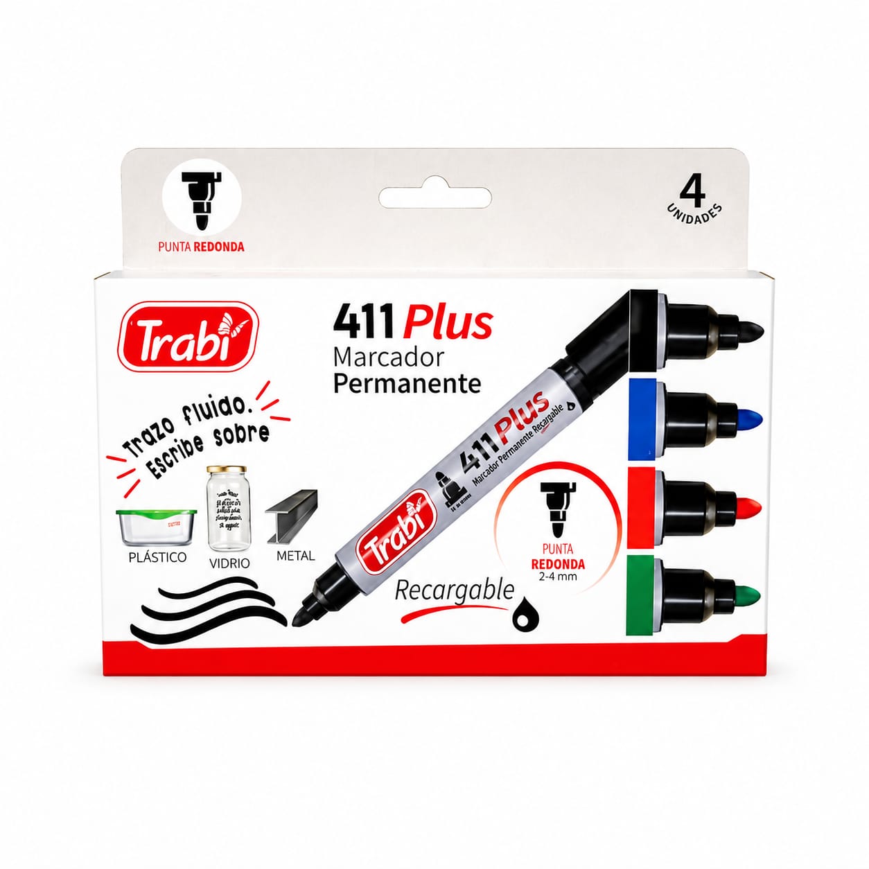 411x4- MARCADOR TRABI PLUS PERMANENTE RECARGABLE PUNTA REDONDA CAJA X4 SURTIDOS