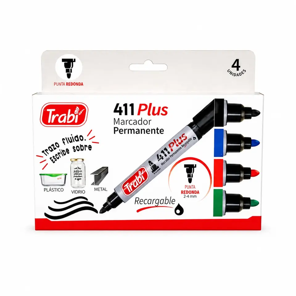 411x4- MARCADOR TRABI PLUS PERMANENTE RECARGABLE PUNTA REDONDA CAJA X4 SURTIDOS