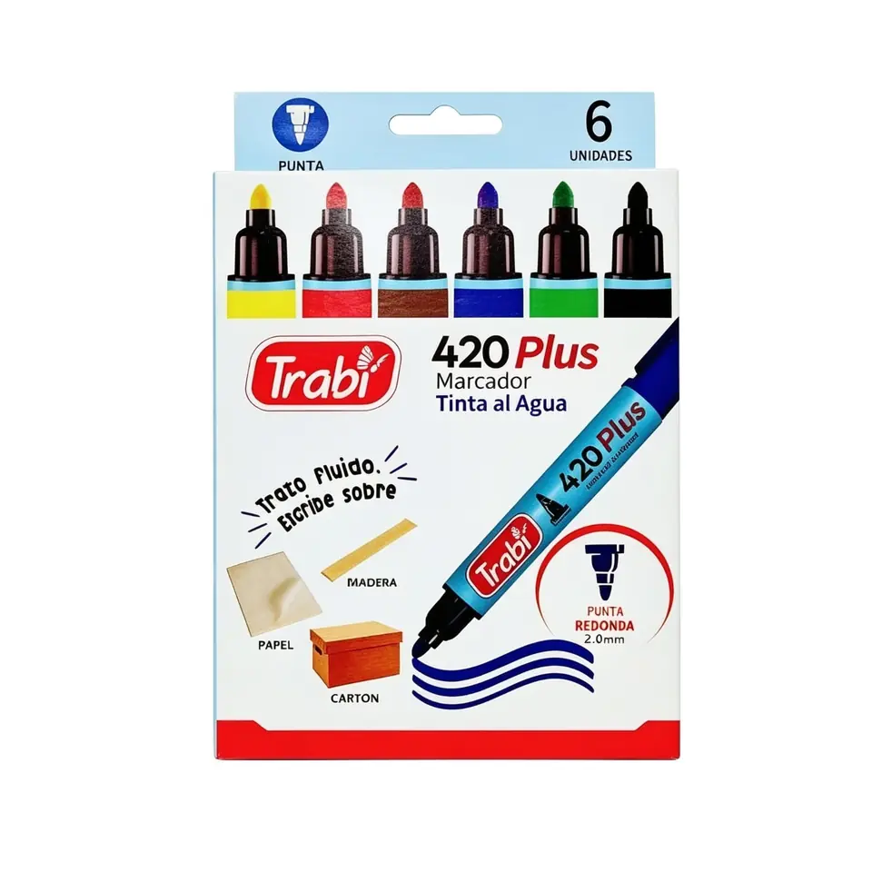 420X6C- MARCADOR TRABI PLUS AL AGUA PUNTA REDONDA CAJA X6 CLASICOS COLORES  SURTIDOS