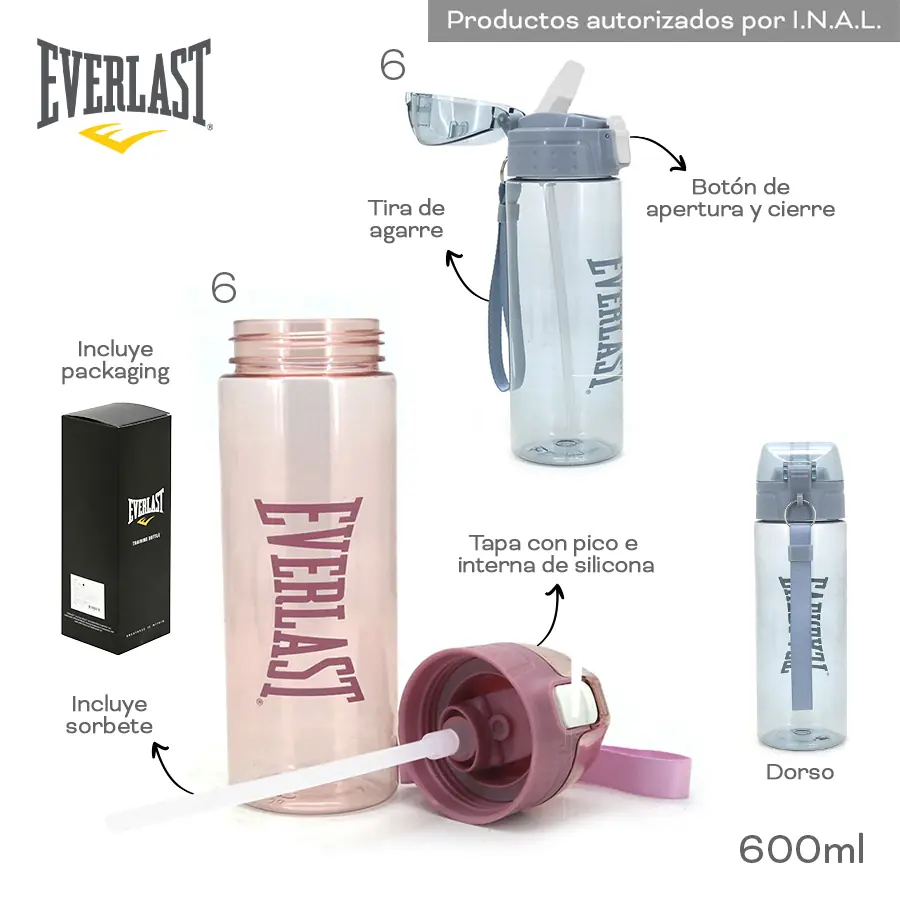 15263- Botella Everlast T5	600ml	PC	Tapa con interna de silicona y sorbete, botón de apertura, tira de agarre, incluye packaging +info+fotos