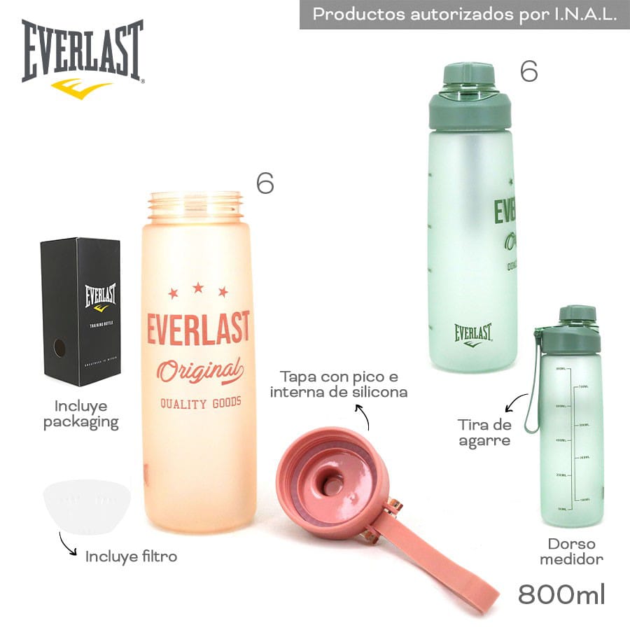 17372 - Botella Everlast T2 ,800ML (+FOTOS+VIDEO+INFO)  Info: Tapa con pico e interna de silicona, tira de agarre, dorso medidor, incluye filtro y packaging  Composición: PC