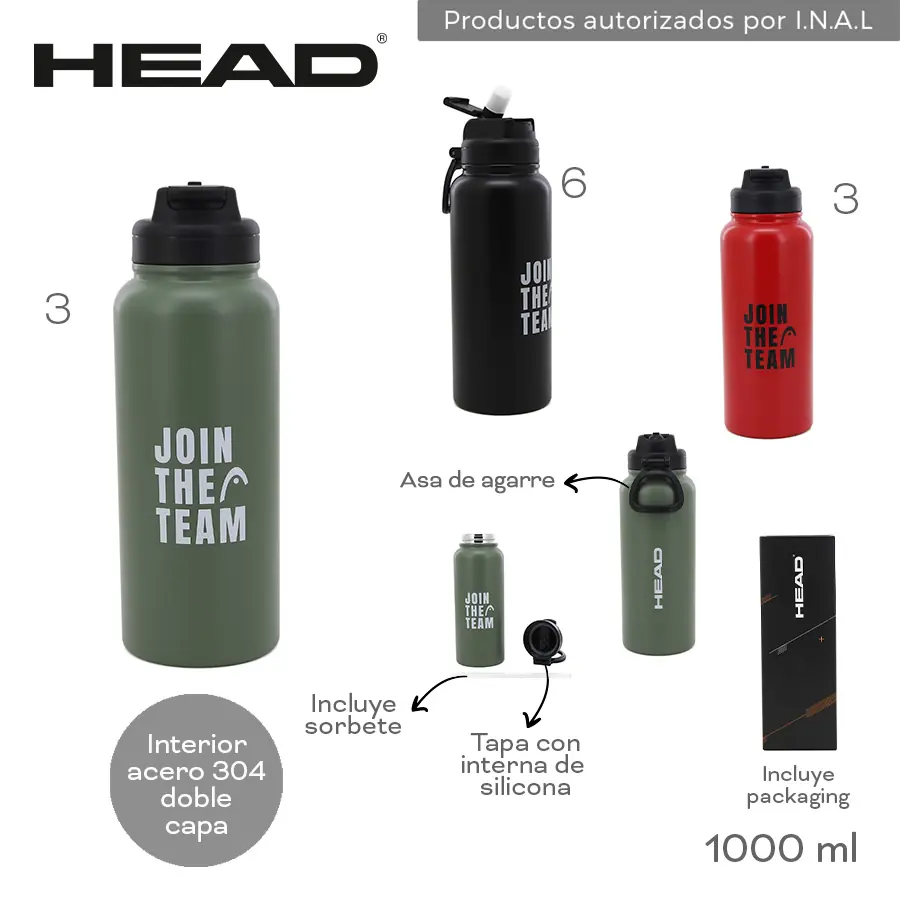 31394 - Botella Termica Head Info: Asa de agarre, tapa con interna de silicona, incluye sorbete y packaging  Composición: Acero 304 doble capa Alto: 1000ml BAZAR +INFO+FOTOS