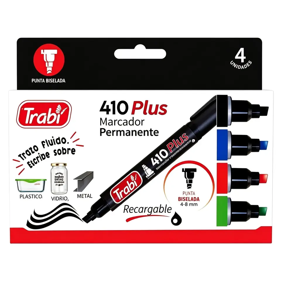 410X4- MARCADOR TRABI PLUS PERMANENTE RECARGABLE PUNTA BISELADA CAJA X4