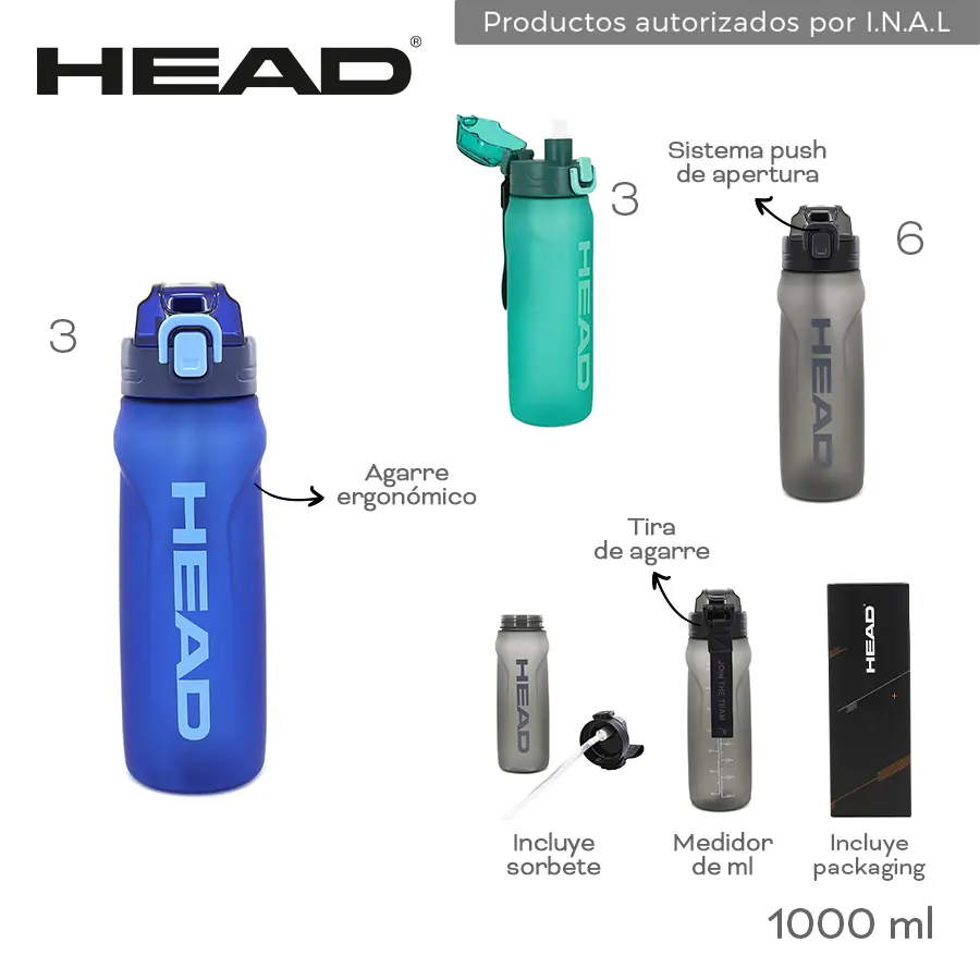 31370 - Botella Head  Info: Agarre erg, tira de agarre, incluye sorbete y packaging, medidor de ml, sist push de apertura  Composición: PC  Alto: 1000ml BAZAR +INFO+FOTOS