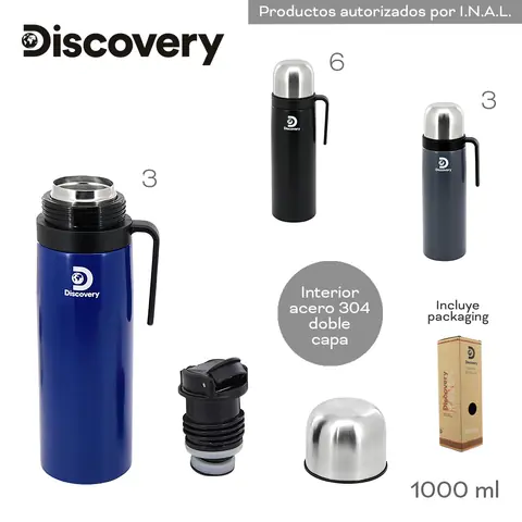 18489-	Termo Discovery	1000ml			Acero 304 doble capa	Tapa con aperura de pico. Incluye packaging BAZAR +INFO+FOTOS (copia)